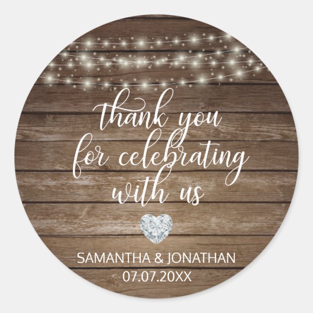 THANK YOU Rustic String Lights Wood Wedding Classic Round Sticker (Front)