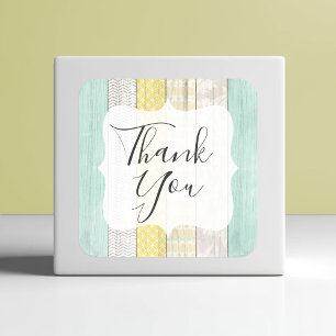 Thank You Rustic Wood Mint & Yellow Boho Geometric Square Sticker