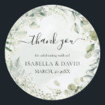 Thank You Sage Green Foliage Rustic Wedding Favour Classic Round Sticker<br><div class="desc">Thank You Sage Green Foliage Rustic Wedding Favour Sticker. This wedding thank you sticker features watercolor greenery foliage with small white flowers & roses creating elegant look for your wedding day. It is perfect for garden, spring, summer, rustic, sage green themed weddings. You can edit/personalise whole Template. If you need...</div>