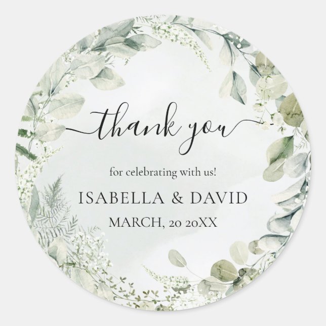 Thank You Sage Green Foliage Rustic Wedding Favour Classic Round Sticker (Front)