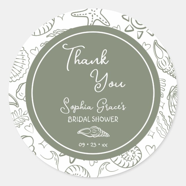Thank You Sage Green Seashells Doodles Classic Round Sticker (Front)