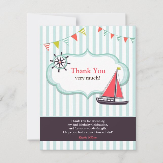 Thank You Sailing Boat Birthday Flat Card (Front)
