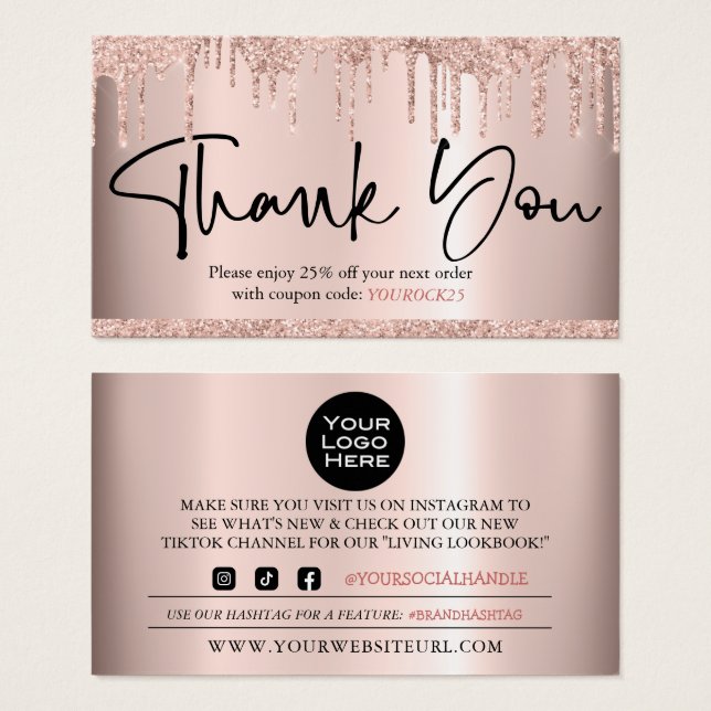 Thank You Scipt Rose Gold Customer Discount Card  (Front & Back)