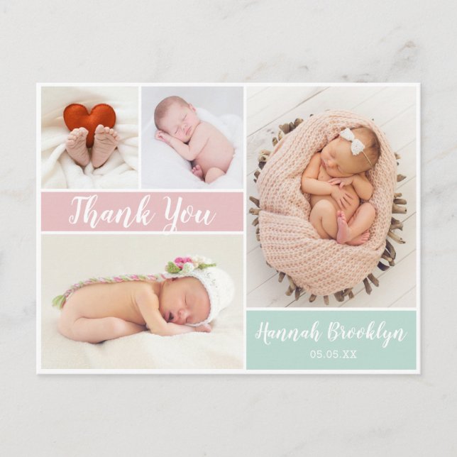 Thank You Script 4 Photo Collage Birth Announcemen Announcement Postcard (Front)