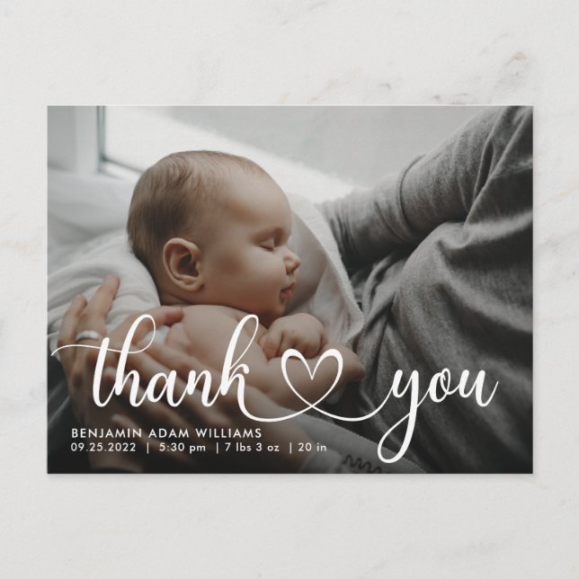 Thank You Script Baby Birth Announcement Postcard (Front)