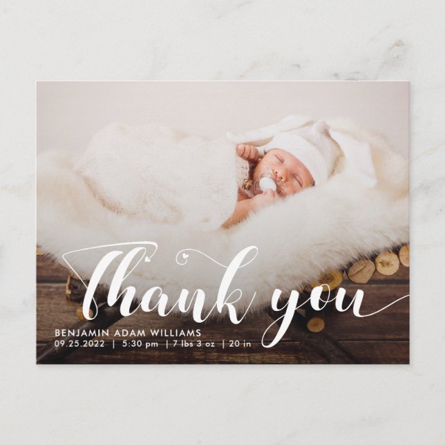 Thank You Script Baby Birth Announcement Postcard (Front)