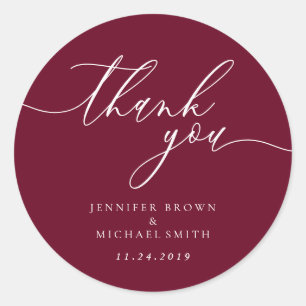 Thank you script burgundy simple names date classic round sticker