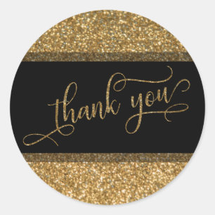 Thank You Script, Gold Glitter Border & Text Classic Round Sticker