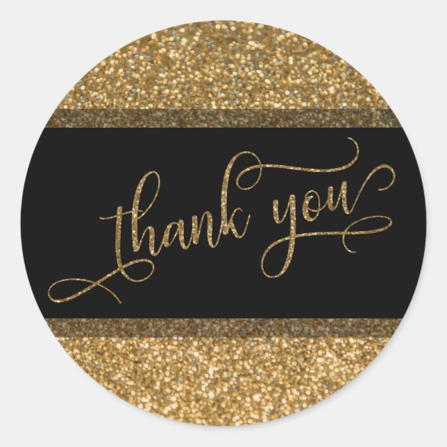 Thank You Script, Gold Glitter Border & Text Classic Round Sticker (Front)