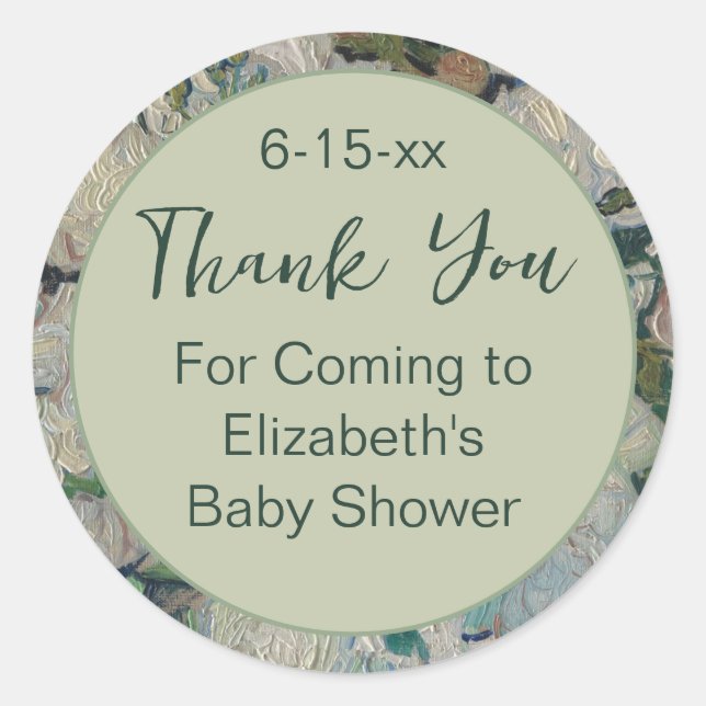 Thank You Script Green & White Floral Baby Shower Classic Round Sticker (Front)