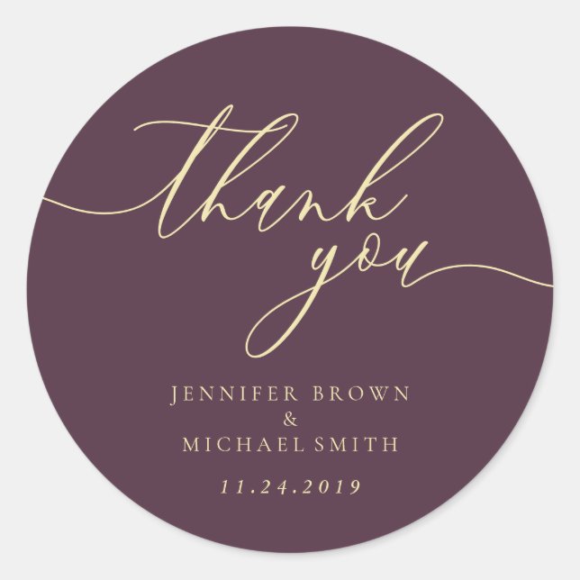 Thank you script Midnight Fig names date Classic Round Sticker (Front)