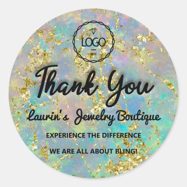 Thank You Script Name Custom Logo Gold Green Classic Round Sticker (Front)