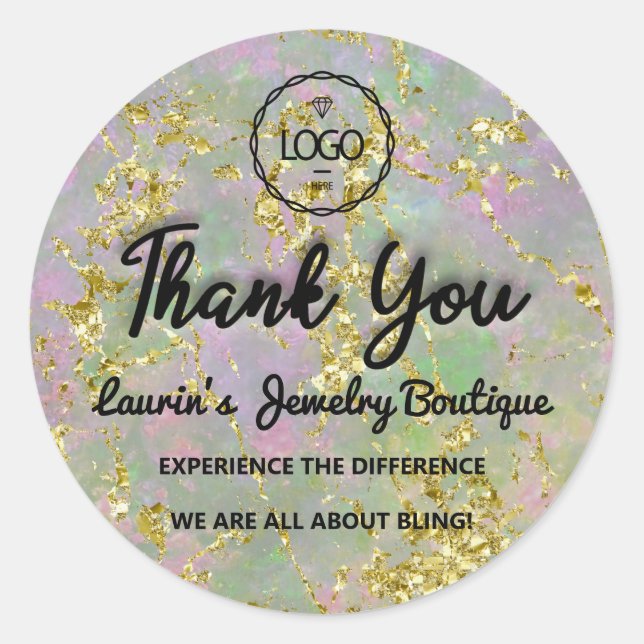 Thank You Script Name Custom Logo Pink Mint Gold Classic Round Sticker (Front)