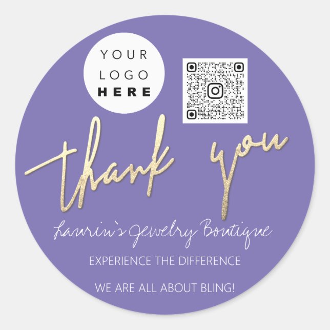 Thank You Script Name Logo Qr Code Online Purple Classic Round Sticker (Front)