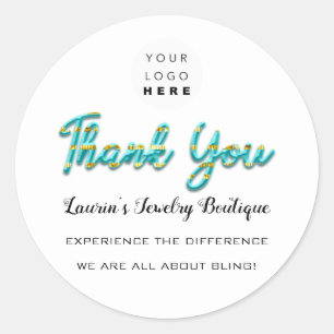 Thank You Script Name Shop Web Logo Gold  Blue Classic Round Sticker