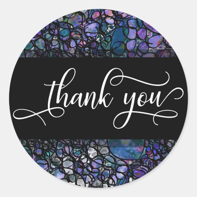 Thank You Script Over Blue & Purple Abstract Classic Round Sticker (Front)