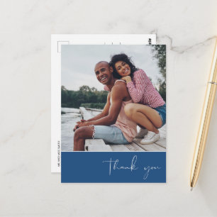 Thank You Script Photo Blue Wedding Postcard
