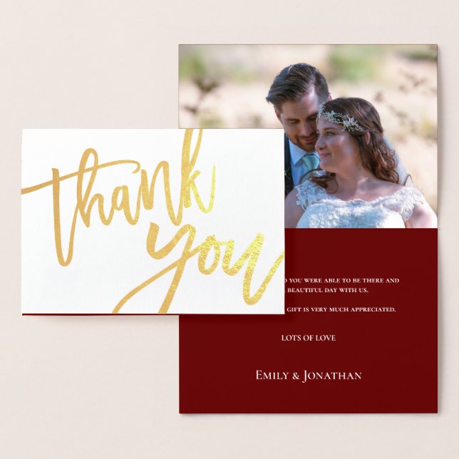 Thank You Script Photo Wedding Burgundy Gold Foil Card (Display)