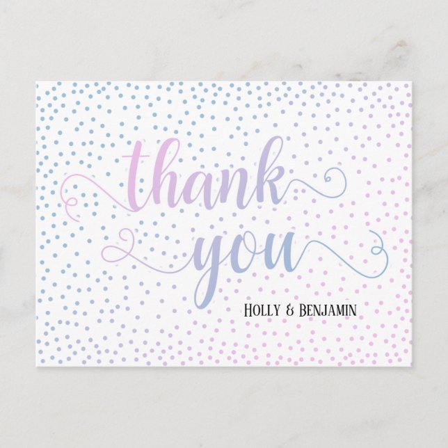 Thank You Script Pink Blue Confetti Baby Shower Postcard (Front)