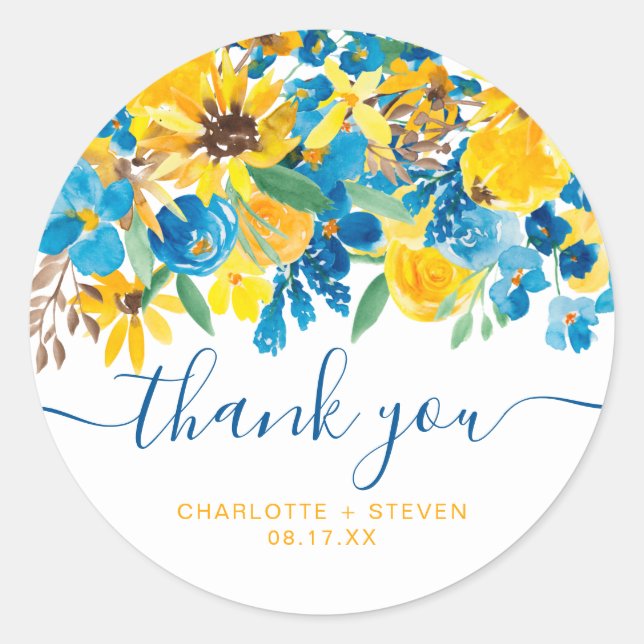 Thank you script rustic yellow sunflowers blue classic round sticker (Front)
