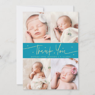 Thank You Script Stars Aqua Blue Photo Grid Birth Announcement
