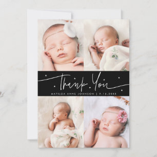 Thank You Script Stars Black Photo Grid Birth Announcement