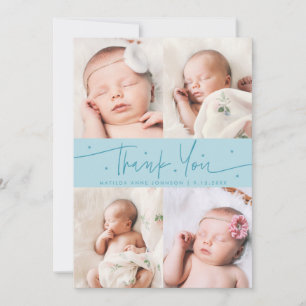 Thank You Script Stars Turquoise Photo Grid Birth Announcement
