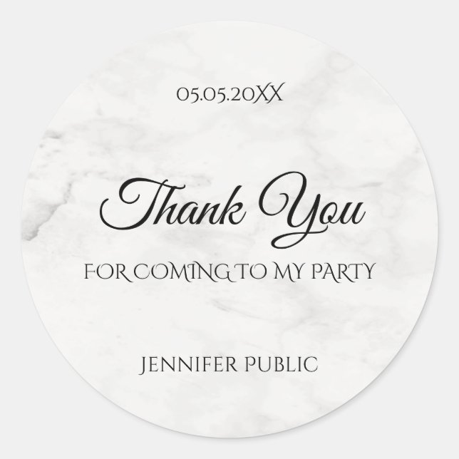 Thank You Script Template White Marble Elegant Classic Round Sticker (Front)