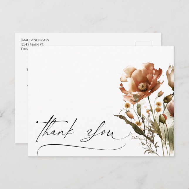 Thank You Script Watercolor Wildflower Postcard (Front/Back)