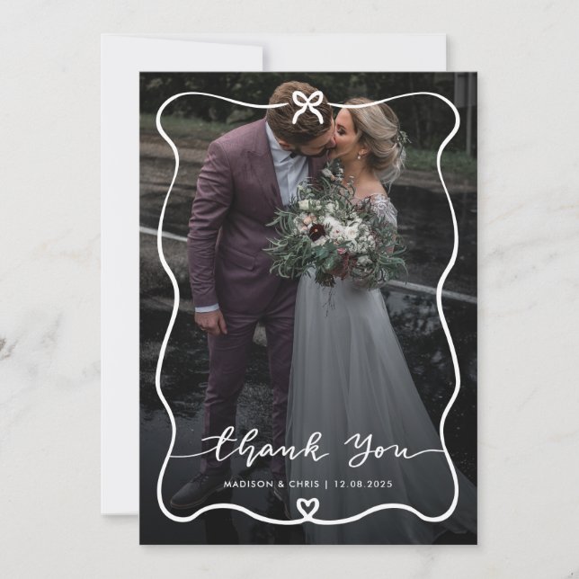 Thank You Script Wedding Photo Cute Bow Heart Card (Front)