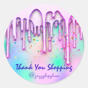 Thank You Shopping Drips Pink Confetti Holographic Classic Round Sticker