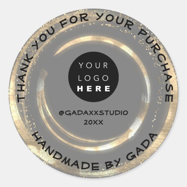 Thank You Shopping Handmade Logo Grey Gold Classic Round Sticker (Front)