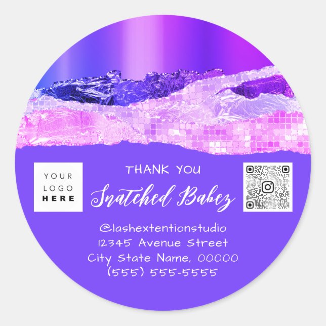 Thank You Shopping Logo QR Code Pink Blue Glitter  Classic Round Sticker (Front)