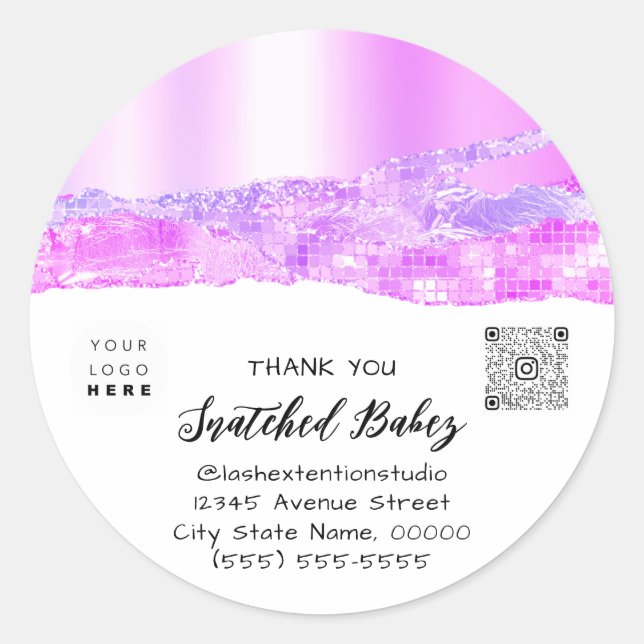 Thank You Shopping Logo QR Code Pink White Classic Round Sticker (Front)