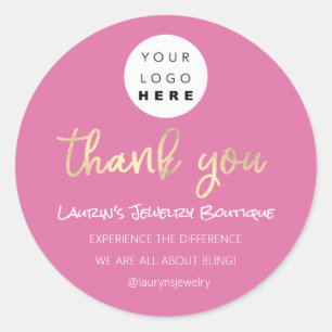 Thank You Shopping Name Logo  QR Code Script Pink Classic Round Sticker