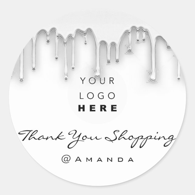 Thank You Shopping Name Logo White Silver Classic Round Sticker (Front)