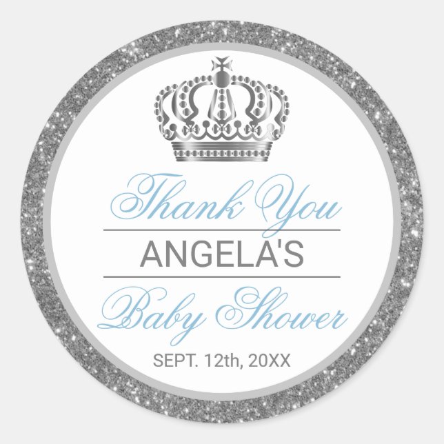Thank You Silver Blue Prince Crown Baby Shower Classic Round Sticker (Front)
