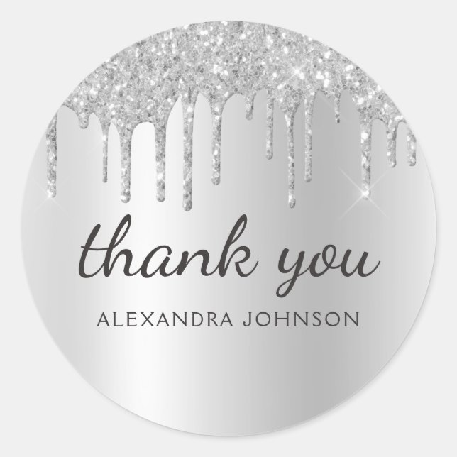 Thank You Silver Dripping Glitter Classic Round Sticker (Front)