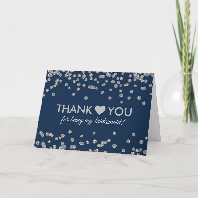 Thank You Silver Faux Glitter Confetti Navy Blue Card (Front)