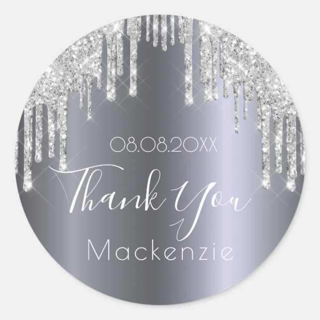Thank You silver glitter drips sparkle name Classic Round Sticker (Front)