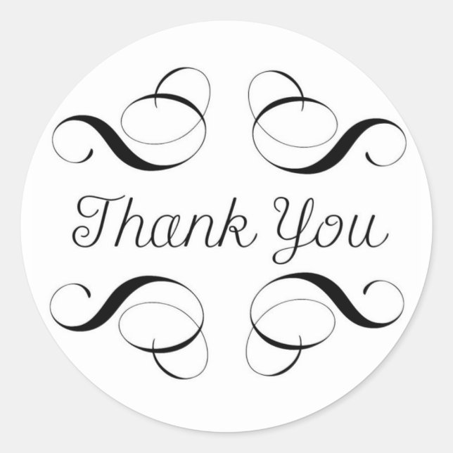 Thank You - Simple Black and White with Scrolls Classic Round Sticker (Front)