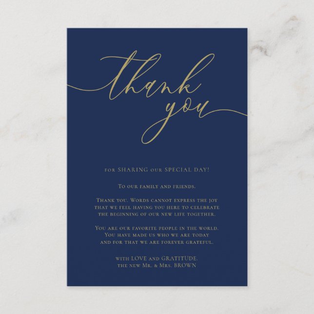 Thank you simple navy gold wedding enclosure card (Front)