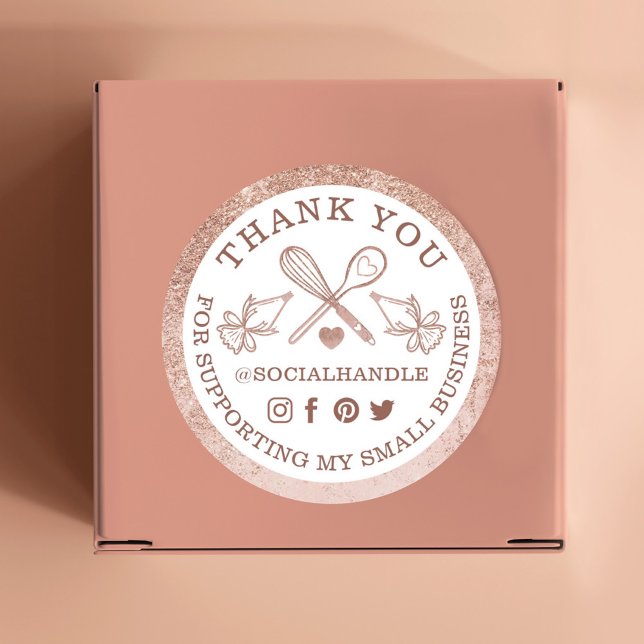 Thank You Small Bakery Rose Gold Glitter Utensils Classic Round Sticker (Creator Uploaded)