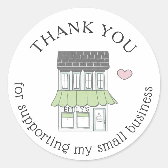 Thank You Small Business Shop Heart Personalised Classic Round Sticker (Front)