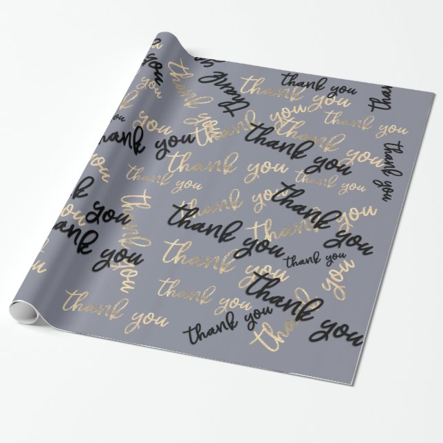 Thank You Smoky Grey Gold Caligraphy Favour Wrapping Paper (Unrolled)