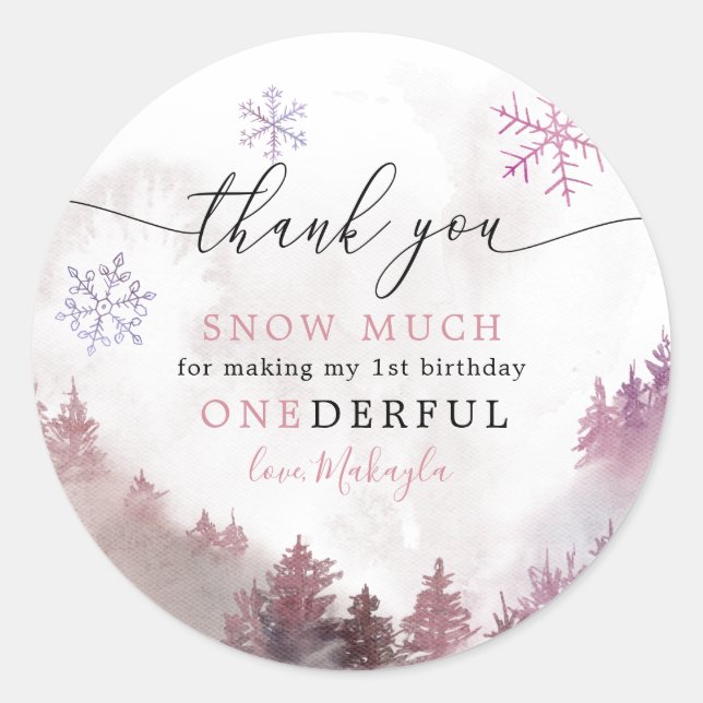 Thank You Snow Much Girl 1st Birthday Favour Classic Round Sticker (Front)