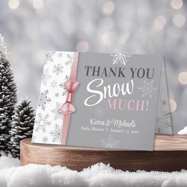 Thank You SNOW Much Pink Snowflake Baby Shower Card (Thank you SNOW much! Winter wonderland Baby It's Cold Outside Snowflake theme baby girl shower card)