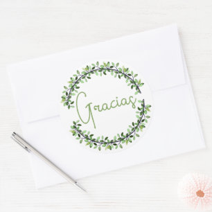 Thank You Spanish Gracias Green Typography Wreath Classic Round Sticker
