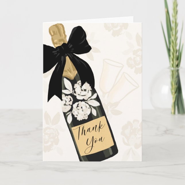 Thank you Sparkling Wine Bottle Black Bow Card (Front)