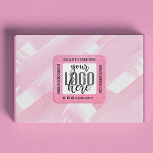 Thank You Sparkly Pink Glitter Business Logo Square Sticker